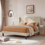 Kaheinimesevoodi 160 x 200 cm, liistudest raamiga, minimalistlik, beež, linane kangas