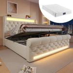 Pehme voodi 140x200 LED-i, USB ja Type-C pesaga ning hoiukastiga ja madratsiga