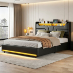 Voodi, 140 x 200 cm, LED-valgustiga, PU materjal, must.