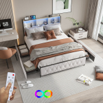 Polsterdatud voodi 180x200 cm LED-valgustusega, USB-pordiga, 4 sahtliga, panipaigaga peatsiga, samet, beež, madrats ei kuulu komplekti