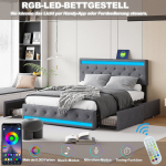 Polsterdusega voodi 160x200 cm koos 4 sahtliga, LED RGB-tuledega ja USB Type-C laadimisseadmega, magamistoa jaoks, tumehall lina