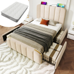 &Uuml;heinimesevoodi sametist peatsiga, kuldsed triibud, USB-C laadimine, 90x200 cm, 4 sahtlit, linane, beež, madratsiga