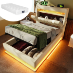 Pehme voodi 90x200 cm LED-valgustiga, USB-C h&uuml;draulilise hoiukastiga, beež, madratsiga 1 tk