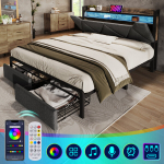 Polsterdatud voodi 160x200 cm LED-valgusti, USB-C, sahtlite, metallraamiga, hall, ilma madratsita