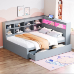 Massiivne puidust diivan 140x200cm sahtlitega, USB ja LED, lisariiulitega, hall