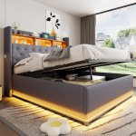 LED-polsterdatud voodi 160x200 cm, USB ja h&uuml;draulilise hoiuruumiga, linane, hall