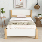 &Uuml;heinimesevoodi puidust 90x200 cm, MDF-ist peatsi ja jalgadega, valge-naturaalne