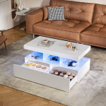 Moodne kohvilaud LED-valgusti ja 2 sahtliga, k&otilde;rgl&auml;ikega diivanilaud elutuppa, kontorisse, 104 x 53 x 46 cm, valge