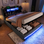 Polsterdatud voodi 140x200 cm, LED, USB C, panipaigaga peatsipea, h&uuml;drauliline, hall