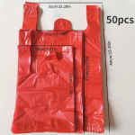 50tk Paksud Punased Plastik T-S&auml;rgi Kotid K&auml;epidemetega, Vastupidav Poekott Toidukaupadele, 24*37cm