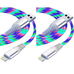 BinBoom 2-Pack LED Helendav USB A Lightning Kiire Laadimiskaabel, 2.4A 10-20W Andmes&uuml;nkroonimine Juhe &Uuml;hilduv iPhone 14/13/12/X/8., Daugiaspalvis