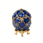 Vintage-stiilis sinine Faberge muna ehtekarp k&auml;sitsi maalitud lilledega.