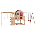 Laste puidust m&auml;nguv&auml;ljak, m&auml;ngumaja kiigega, Wendi Toys M27R-G, punane, 197 x 563 x 242 cm