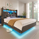 Voodi LED-valgusega, 90x200 cm, USB ja Type-C, hall, 1 tk