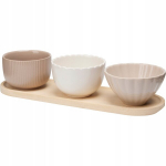 3 keraamilise kausi komplekt puidust serveerimislaual 28.5x9cm, 28,5x9 cm