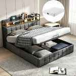 Voodi - 160&times;200cm, LED- ja USB-laadimisportidega, h&uuml;draulilise hoiuruumiga, madrats komplektis, hall, linane materjal.
