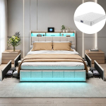 Voodi, 160 &times; 200 cm, LED-valgustuse ja USB-pordiga, 4 sahtliga, madrats komplektis, linane materjal, beež
