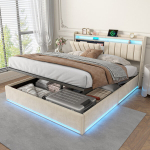 Kaheinimesevoodi LED- ja USB-portidega, 140x190 cm, h&uuml;drauliline hoiuvoodi, valkjas, samet.