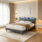 Voodi 140&times;200cm, LED-valguse ja USB/C-pordiga, noortevoodi voodiliistudega, hall, linane.