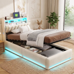 Kaheinimesevoodi panipaigaga 90x200cm, LED ja USB-pordid, Beež