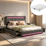 Voodi, 140&times;200cm, LED-tulede ja 4 voodialuse sahtliga, sisaldab madratsit, linast, hall.