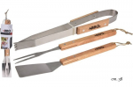 This set of 3 barbecue accessories includes tongs, a spatula, and a double-ended skewer, all designed with