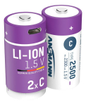 Laetav aku C 1,5 V 2500 mAh (Li-Ion 4,07 Wh), USB-C tippv&auml;ljundv&otilde;imsusega DC 1,5 V 2,5 A (2tk kast) ANSMANN