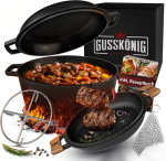 Gussk&ouml;nig hollandi ahi - 2-in-1 p&otilde;letatud malmpott 4.8 l & malmpann 1.8 l - hollandi ahju komplekt topeltfunktsiooniga - sisaldab kokaraamatut & tarvikuid grillimiseks, matkamiseks & k&ouml;&ouml;ki