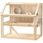 PawHut puidust hamsteripuur 3 tasandiga n&auml;riliste puur koos kokkupandava kaane, jooksulaua ja tarvikutega, puuristall, puidust puur hamsteritele, k&auml;&auml;bushamsteritele 80 x 50 x 76 cm, naturaalne puit, Natūrali mediena
