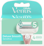 Gillette Venus Deluxe Smooth Sensitive naiste raseerija vahetusterad 4 tk pakis, 5 teraga ja Skinelixir niisutusribaga