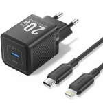 Laadija EL pistikule, Type-C, 20W, GaN, USB-C kuni Lightning kaabel, 1m - Vention (TZ-FEPB0-EU-02) - Must