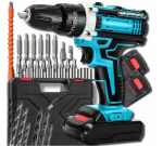 SR-905 juhtmeta puurvari, millel on 25 aksessuaari ja 2 x aku 48V