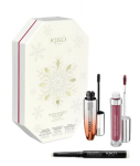 Kiko Milano Snow-Kissed p&uuml;hademeigi kinkekomplekt: vol&uuml;&uuml;mi andev ripsmetu&scaron;&scaron;, matt v&otilde;i l&auml;ikiv huulepulk ja lauv&auml;rvipliiats