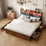 Voodi 180 &times; 200 cm, LED-valgustusega, kaheinimesevoodi, panipaigaga peatsipea, pruun, PU