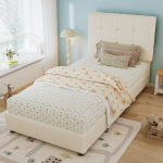 Voodi 90&times;200CM, pehme peatsi ja seljatoega, lastevoodi, PU, ​​​​​​beež