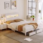 Voodi 160x200cm kahe sahtliga - LED ja USB - samet - beež