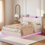 Voodi 140x200 cm h&uuml;draulilise hoiuruumi ja LED-tuledega, liistudest alusega ja USB-pesaga, valge