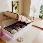 Lastevoodi 90x200cm, diivanvoodi LED-valgustuse ja USB-laadimispordiga, &uuml;heinimesevoodi h&uuml;draulilise s&uuml;steemiga, samet, ilma madratsita, kreemikas