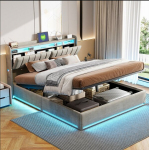 Voodi 140&times;190 CM, LED-valgustuse ja USB-liidesega, h&uuml;draulilise t&otilde;stemehhanismiga, hall, samet