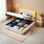 Voodi 160 x 200 cm, LED-valgustuse ja hoiukastiga, beež, samet