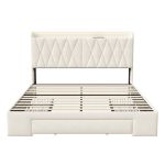 Sametine polsterdatud voodi LED-valgustuse, USB-pesade ja 3 sahtliga, beež, 140&times;200 cm