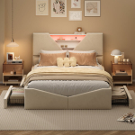 Voodi 140x190cm - LED - 4 sahtlit - Hoiuruum - Samet - Beež