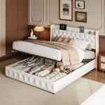 Kaheinimesevoodi, 140x200 cm, LED-tuledega, USB-laadimisega, liistudest raam, beež, samet