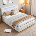H&uuml;drauliline voodi 160x200 cm LED-valgustuse ja USB-pordiga, liistudest alus, reguleeritav peatsipea, valkjas