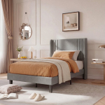 Laste &uuml;heinimesevoodi 90 x 200 cm, liistudest raamiga, minimalistlik, hall, linane kangas