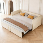 Voodi 90 x 200cm, pikendatav diivanvoodi liistudest raamiga, samet, beež