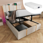 Polsterdatud voodi USB-C-ga, LED, 90x200 cm, puitraam, linane kangas, madratsiga