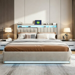 Voodi 160&times;200cm, kaheinimesevoodi, LED-tulede ja panipaigaga, hall