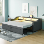 V&auml;ljat&otilde;mmatav polsterdatud voodi 90/180x200 cm, LED, USB, sahtlid, tumehall