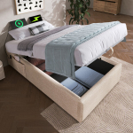Polsterdatud voodi 90x190 cm, USB C, t&auml;ispinda katvad v&otilde;red, linane, ilma peatsita